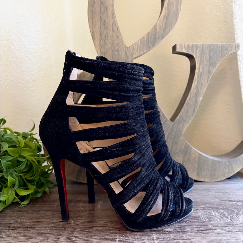 🇺🇸💲👠 Christian Louboutin Caged Heels Booties Black Suede Tinazata Red 38.5 EU7.5